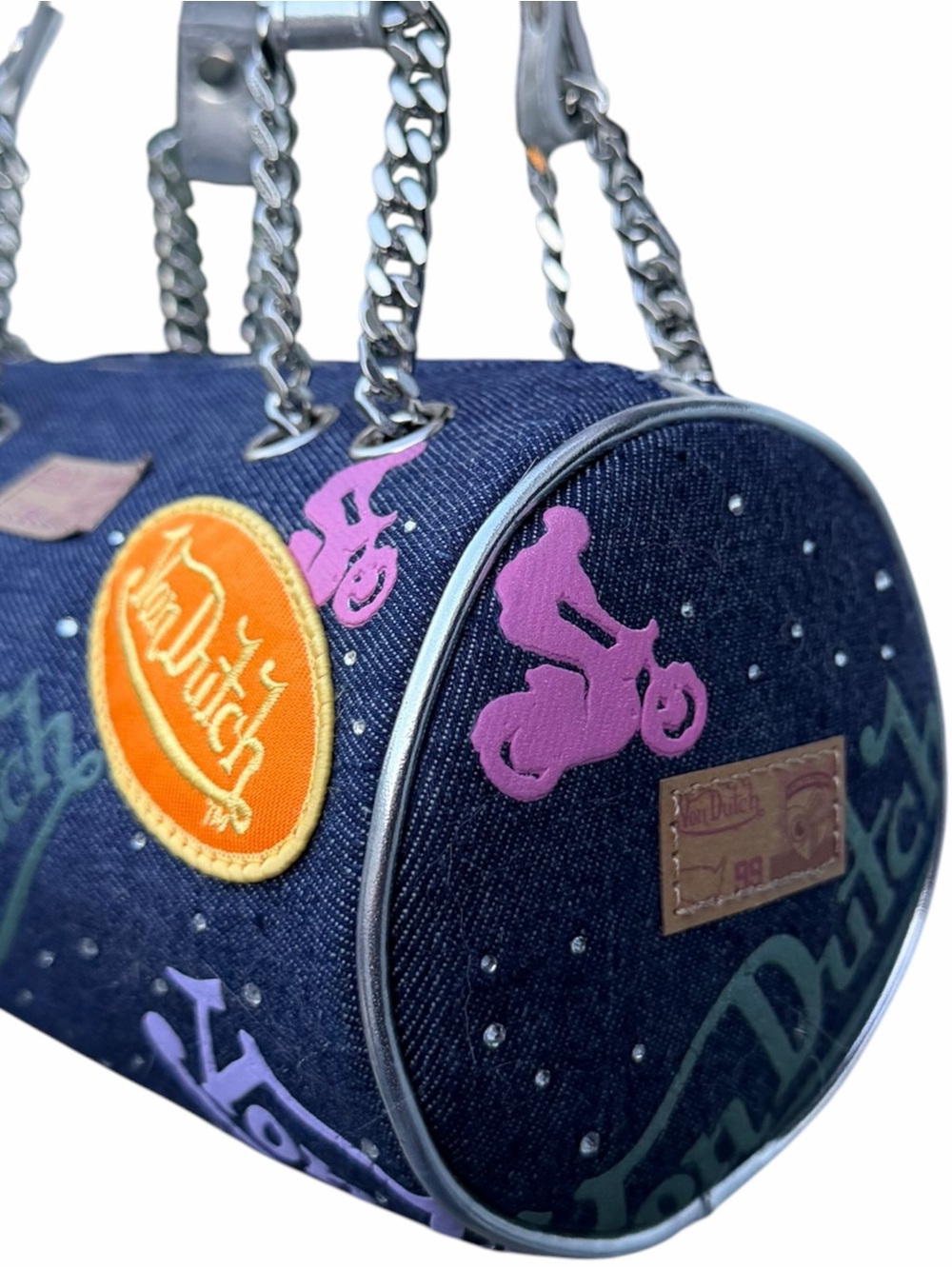 Von Dutch y2k Denim & Rhinestone Barrel Bag - Picture 4 of 6